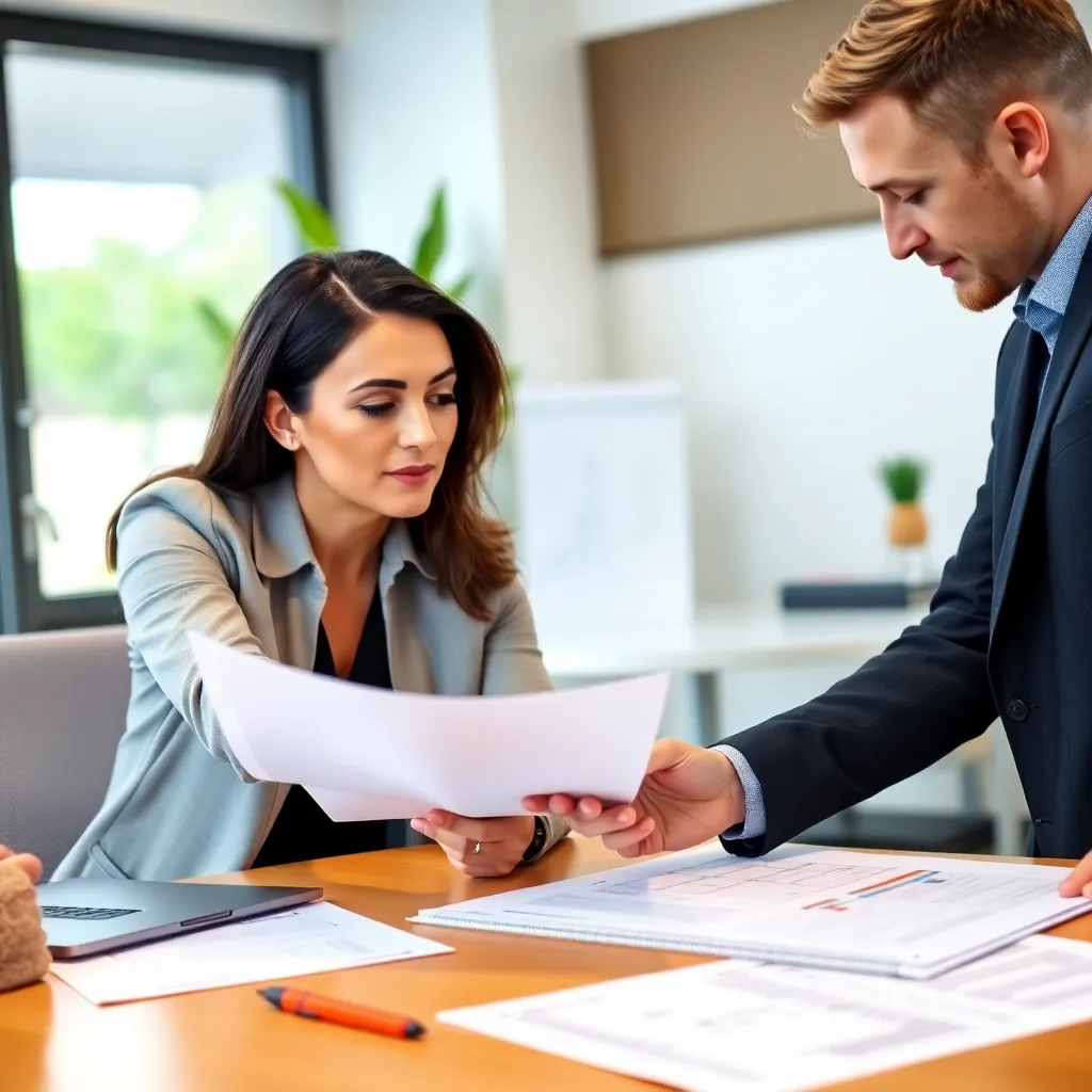 Professionele Nederlandse werknemers bespreken carrièregroei in modern kantoor